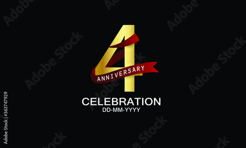 4 year anniversary red ribbon celebration logotype. anniversary logo with Red text and Spark light gold color isolated on black background, design for celebration, invitation - vector