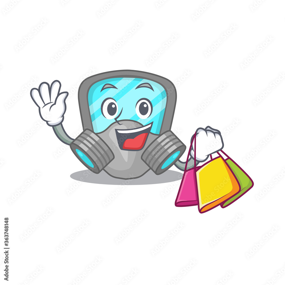wealthy respirator mask cartoon character with shopping bags