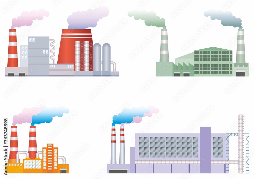 Obraz premium Urban landscape with industrial plant. pattern of factory with chimneys and smoke, air pollution concept. vector illustration.Elements for sites, advertising flayers, posters and info graphics.