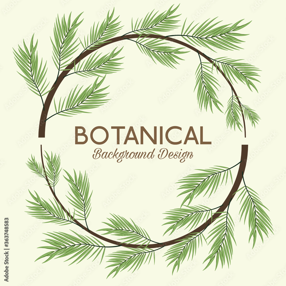 tropical leafs in circular frame and lettering botanical background design