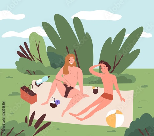 Gay couple talking at picnic. Friends drinking cocktail. Two happy men in summer park on vacation. Relaxing people outdoors, chilling and sunbathing on blanket in flat cartoon vector illustration