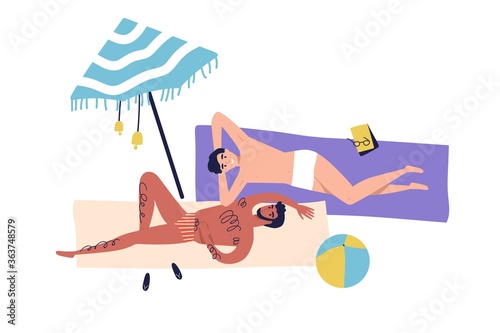 Cartoon caucasian homosexual men sunbathing on beach. Gay couple lying, having rest, relaxing. Male friendship, relaxation under umbrella in cartoon flat illustration isolated on white background