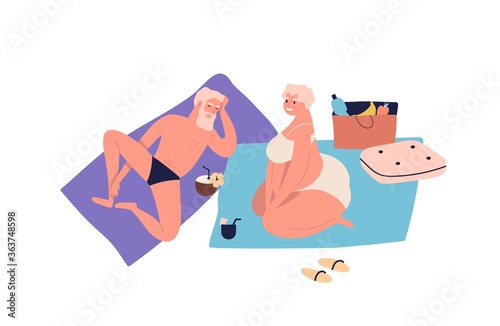 Elderly old couple sunbathing on beach. Retired people, grandparents sit, smile, lying on blanket. Summer vacation, chilling, picnic in cartoon flat vector illustration isolated on white background