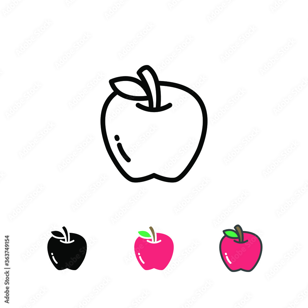 Ripe and fresh red apple fruit with single green leaf silhouette flat line color for food apps and website. Organic Fruit, vegan, vegetarian icon. Vector illustration Design on white background EPS10 