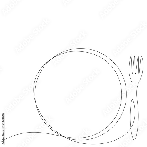 Fork and plate silhouette on white background. Continuous line drawing. Vector illustration