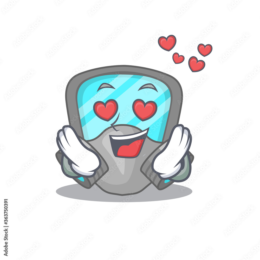 Romantic respirator mask cartoon character has a falling in love eyes