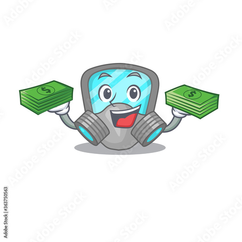 A wealthy respirator mask cartoon character with much money