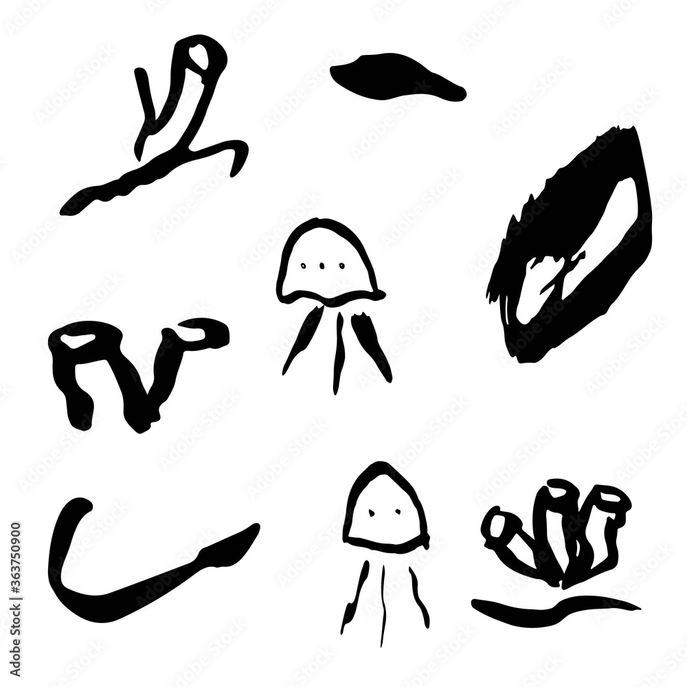 Drawing of jellyfish and other spongy aquatic worlds Drawing of jellyfish and other spongy aquatic worlds