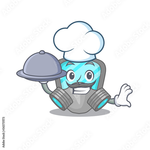 mascot design of respirator mask chef serving food on tray © kongvector