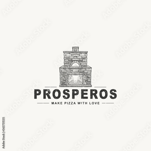 Pizza Oven Vintage Hand Drawn Logo Design Illustartion For Pizza Shop. Pizza Oven Vector