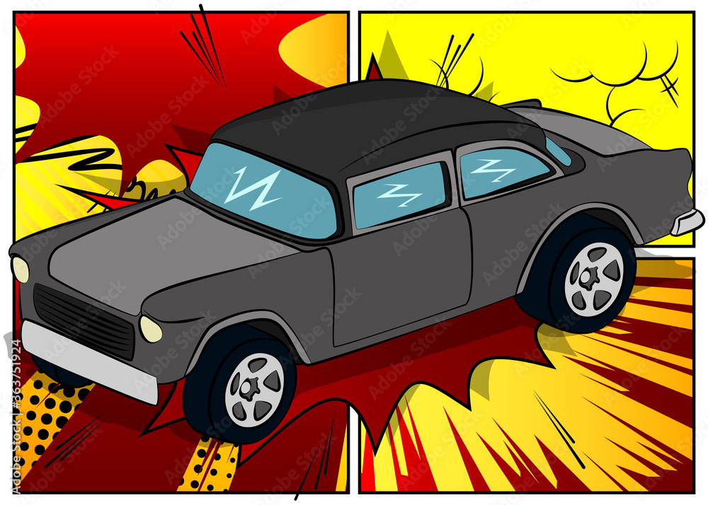 Comic book style, cartoon vector illustration of a cool American Sports Car.