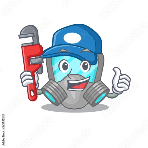 cartoon character design of respirator mask as a Plumber with tool