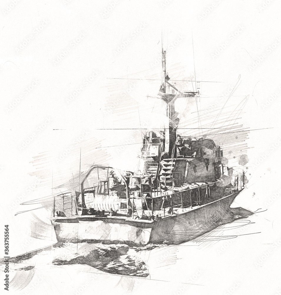Fototapeta Military ship goes through the rough atlantic sea illustration vintage retro art drawing
