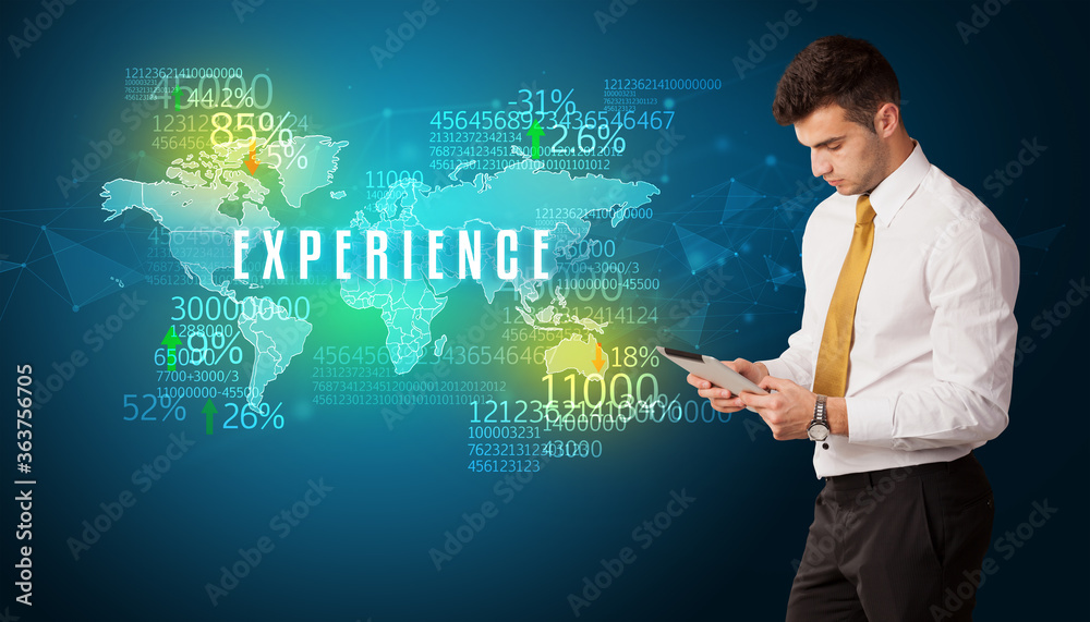 Businessman in front of a decision with EXPERIENCE inscription, business concept Businessman in front of a decision with EXPERIENCE inscription, business concept