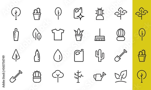 A set of Rosteniya Icons, and garden care, Vector illustration, Contains Icons such as tree, cactus, watering can, spade, flower and much more. on a white background, editable bar 480x480