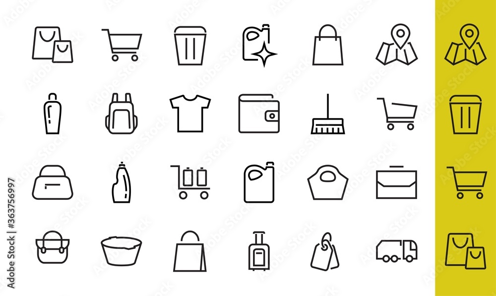 Simple set of bags, shopping and travel icons. Vector illustration Contains icons such as Card, wallet, shopping basket, discount, bowl, package. On a white background, editable stroke