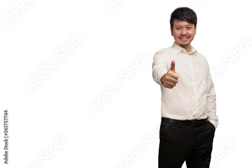 Photos Asian businessman wear white shirt show thumps up by one hand, smiling and feeli