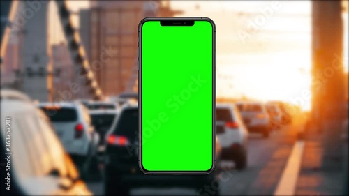 Wallpaper Mural Green Screen Phone on a Highway With Traffic at Sunset for Navigation, Taxi or Map of the City  Torontodigital.ca