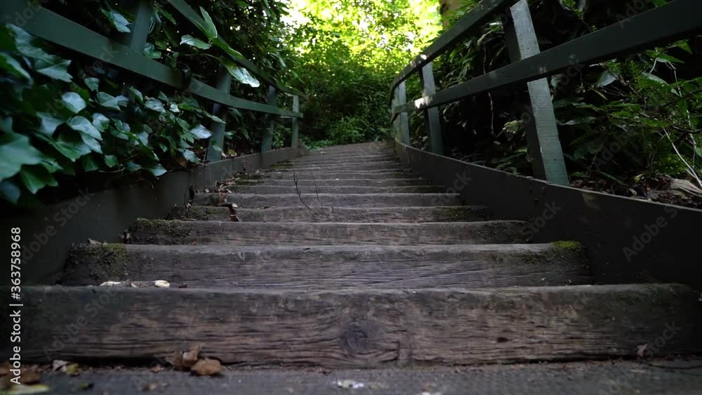 Someone climbing stairs in a green open-air environment. POV concept Someone climbing stairs in a green open-air environment. POV concept