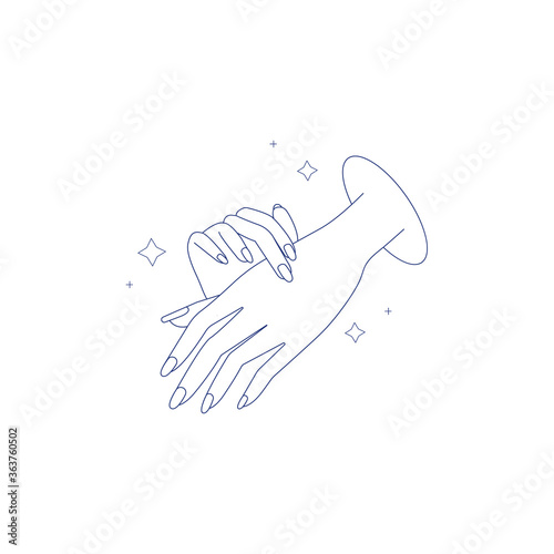 Female hand in a gentle gesture, stroking, rubbing cream, taking care of the skin. Vector icon, outline, isolated on white background, flat design, eps 10.