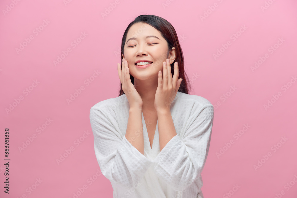 Charming woman with natural make up, close eyes enjoying result after mask peeling scrub cream lotion, isolated Charming woman with natural make up, close eyes enjoying result after mask peeling scrub cream lotion, isolated