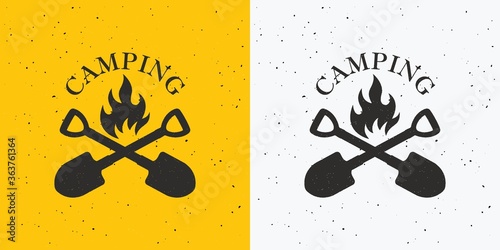 Set of color text illustrations, crossed shovels, fire on a colored background with grunge texture. A vector illustration advertises wildlife breaks. Camping logo in vintage style.