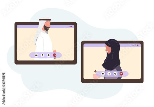 Video call conference, remote project management, chat with friends concept. Young arab people making video call through virtual user interface window. Working from home. Vector in flat style.