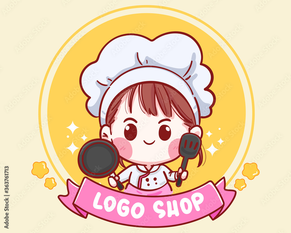 Fototapeta premium Cute Chef girl smiling cartoon art holding pan and Spatula illustration logo. Premium Vector