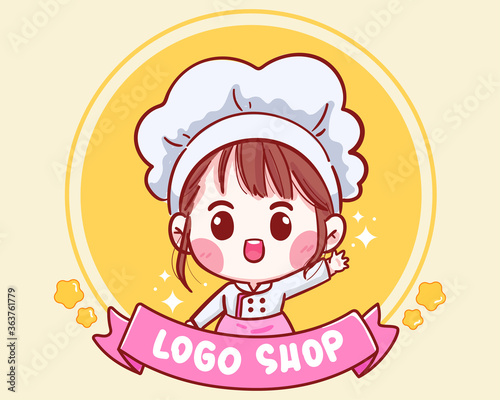 Cute Chef girl smiling cartoon art illustration logo Premium Vector