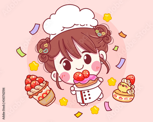 Cute Bakery Chef girl smiling cartoon art holding Cake illustration logo. Premium Vector