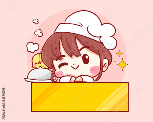 Cute Chef girl smiling cartoon art holding label  illustration logo. Premium Vector