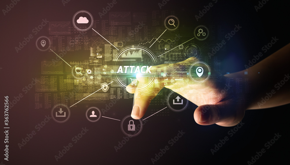 Naklejka premium Hand touching ATTACK inscription, Cybersecurity concept