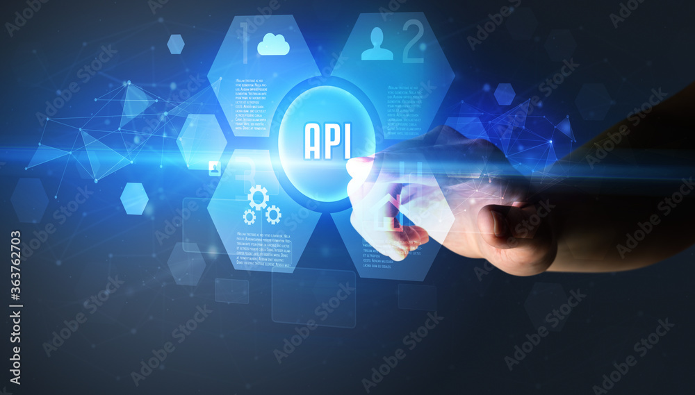 Hand touching API inscription, new technology concept Hand touching API inscription, new technology concept