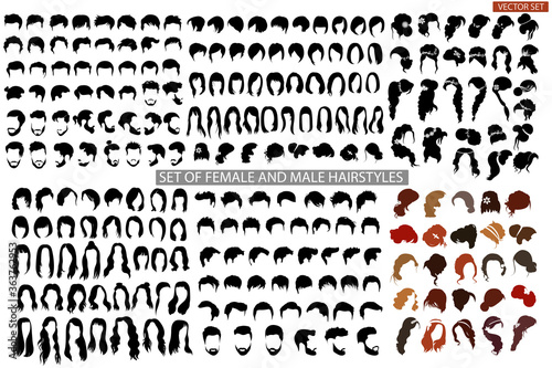 A large set of female and male haircuts, hairstyles on a white background