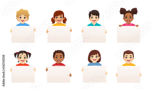 Smiling kids boys and girls holding empty blank board isolated vector illustration. Multiethnic happy children with placard.