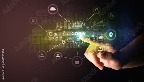 Hand touching CYBER inscription, Cybersecurity concept