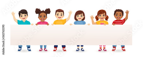 Smiling kids boys and girls holding empty blank board isolated vector illustration. Multiethnic happy children with placard.