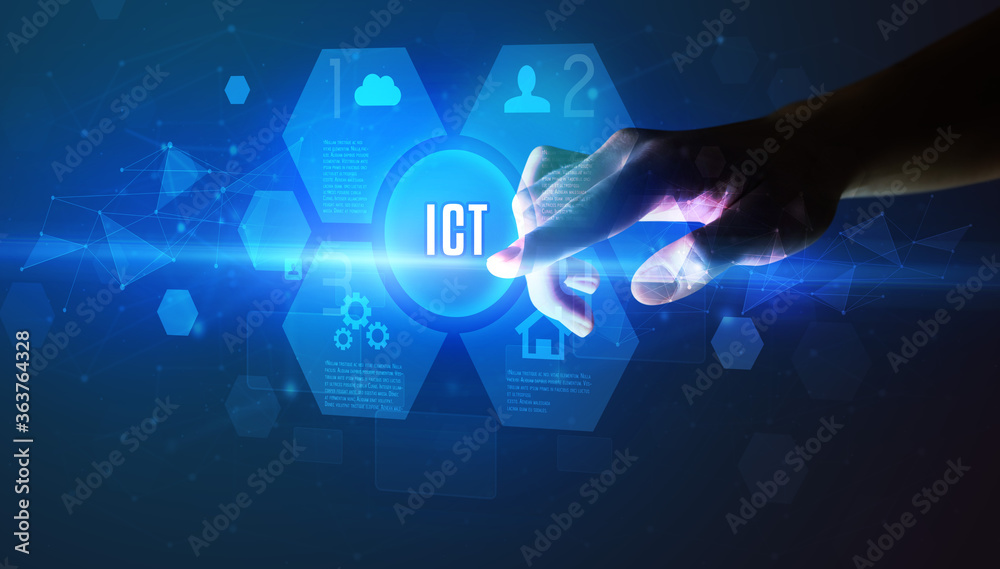Hand touching ICT inscription, new technology concept Hand touching ICT inscription, new technology concept