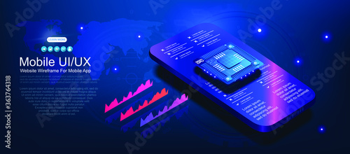 Futuristic microchip processor for mobile phone on blue background. Powerful processor for processing large amounts of information. Modern digital microchip. Advanced technology of the future