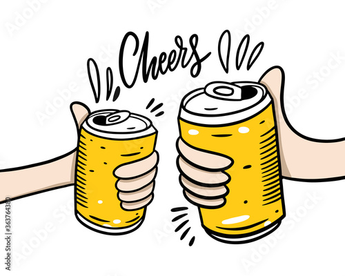 Beer aluminum can. Hand drawn vector illustration. Cheers lettering phrase. Cartoon style. Isolated on white background.