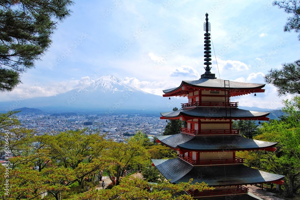 Chureito Pagoda and Mt. Fuji in summer, Fujiyoshida, Japan