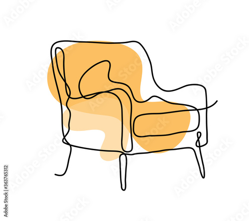 Continuous line drawing of a chair sofa with desaturated background color, hand drawn aesthetic continuous line drawing of a chair.