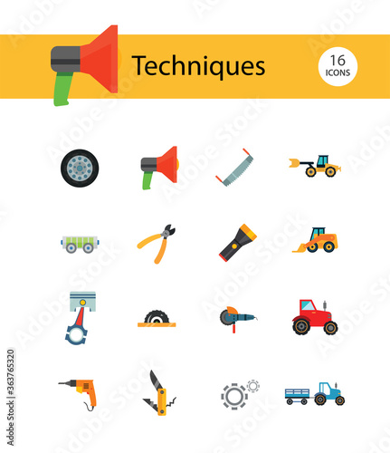 Techniques icons set with woodsawing machine, electric drill and hand saw. Thirteen icons photo