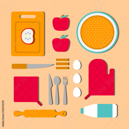 Vector illustration concept with knolling food to cook apple pie. Ingridients as cinnamon, eggs, milk and kitchen tools on table. Red and orange colors. Simplified flat design