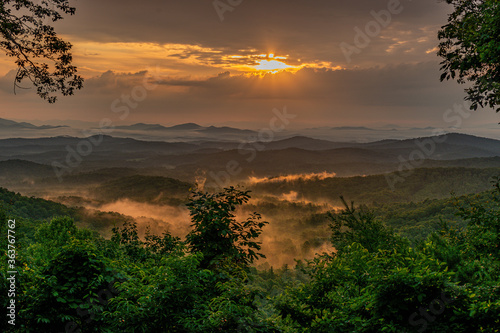 Beautiful Sunrise over the mountains in Blue Ridge, Georgia.