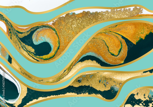 Blue and gold agate ripple pattern. Marble background with wave layers.