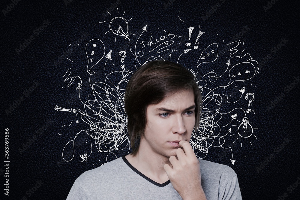 Young man with worried stressed face expression with illustration Young man with worried stressed face expression with illustration
