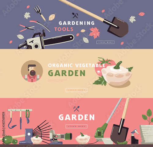 Stock vector illustration of gardening hobby banner set with tools