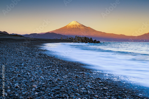 Fuji Mountain and Slow Wave with Black Beach in Winter Twilight , Miho No Matsubara Beach, Shizuoka, Japan