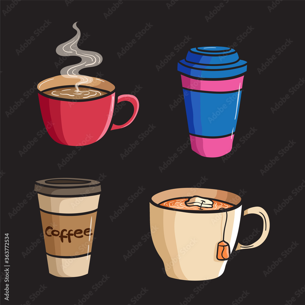 Obraz premium Set coffee paper cup with tea cup. Vector illustration. Colored doodle style
